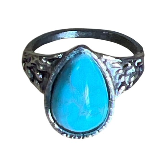 Vintage Turquoise Style Teardrop Ring approx sz 4.5 Silver Tone Costume sotuhwes - Picture 1 of 5